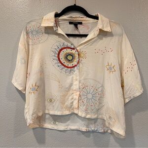 Forever 21 Cream Celestial Short Sleeve Button‎ Down Shirt Women's Size M